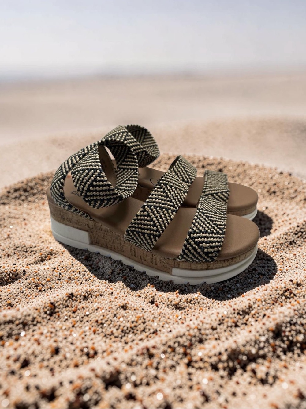 Woven Triple-Strap Platform Sandals in Black and Cream